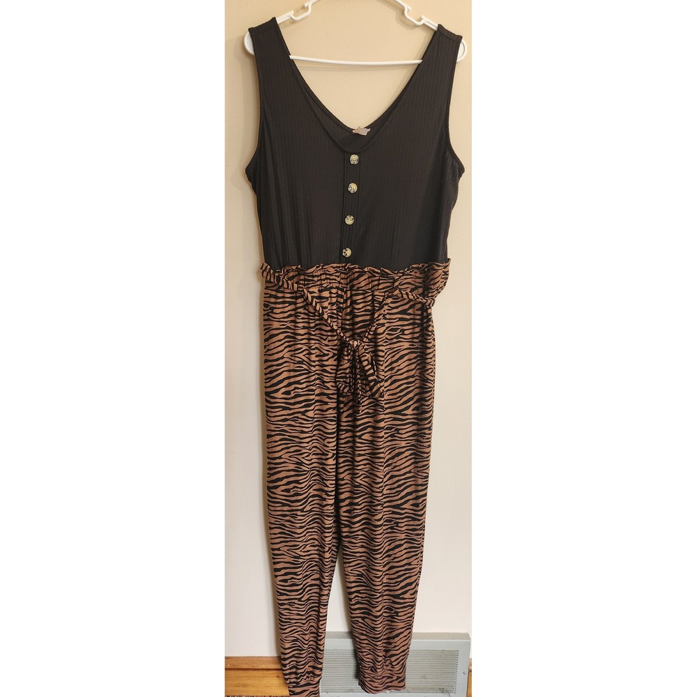 Derek Heart Women 2X Jumpsuit Black Ribbed Tiger Print Paperbag Waist Sleeveless